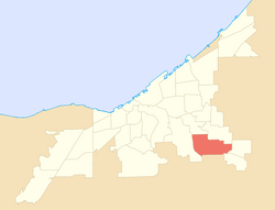 Map of Cleveland, Ohio, showing neighborhood boundaries, with Union–Miles Park in red