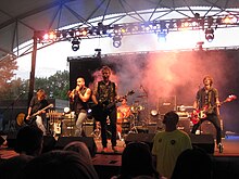 Downstait performing in Fort Wayne, Indiana, in 2010. From left: Justin Call, Zack Call, Isaiah Zwick, Jethro McConnell, Sean Arata