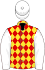 Red and Yellow diamonds, White sleeves and cap