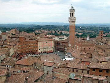 Piazza del Campo de Siena, un ejemplo de trazado irregular medieval y de Piazza della Signoria, como espacio de respeto frente al ayuntamiento (comuna), máximo poder público en las ciudades-estado italianas. Es un magnífico ejemplo de utilización en festividades y espectáculos: alberga anualmente el Palio di Siena, una frenética carrera de caballos en que los barrios de la ciudad se disputan el honor de albergar un estandarte en su parroquia