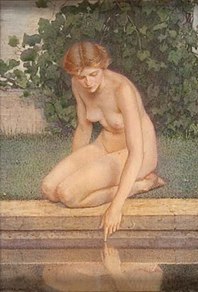 By a Clear Fountain 1907. Watercolor on ivory. 6 1/4 x 4 3/8 in. Smithsonian American Art Museum