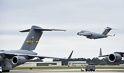 A C-17A Globemaster III of the 437th Airlift Wing taking off from Charleston AFB