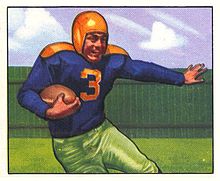 A painted portrait of Canadeo running with the ball.