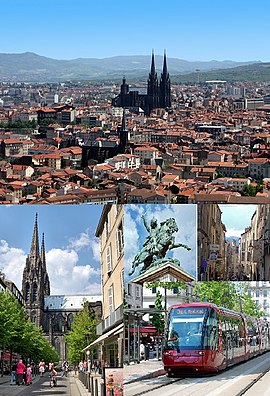 Photomontage: view of the historic center from Montjuzet Park (top) Victoire Square and Notre-Dame-de-l'Assomption Cathedral; Statue of Vercingétorix; and Chaussetiers Street (middle) Basilica of Notre-Dame du Port (bottom)