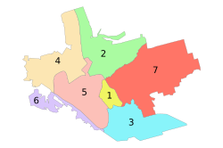 Administrative map of Zaporizhzhia; the Komunarskyi District is indicated by the number 3.