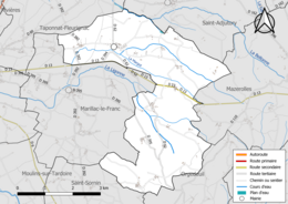 Carte en couleur présentant le réseau hydrographique de la commune