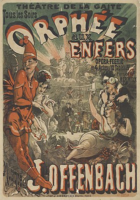 Colourful theatre poster depicting a party in Hades