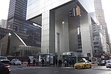 Base of the Citigroup Center as seen from Lexington Avenue and 53rd Street. St. Peter's Evangelical Lutheran Church is visible to the left below the skyscraper.