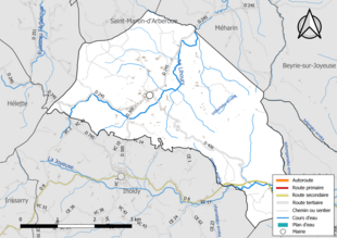 Carte en couleur présentant le réseau hydrographique de la commune