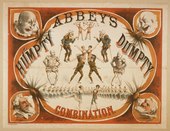 Poster for Abbey & Hickey's Humpty Dumpty, showing the show's harlequinade characters and other acts (1879).