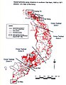 1965年至1971年間美軍在南越空中噴灑落葉劑的任務地圖。這造成了大範圍的飢荒，使成千上萬人營養不良與飢餓。