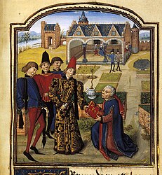 A fictional author, "Foliant de Ionnal", presents his text to a fictional king, "Rudolph of Norway", in L'Instruction d'un jeune prince, an advice book on good conduct actually by Guillebert de Lannoy, c. 1468-70