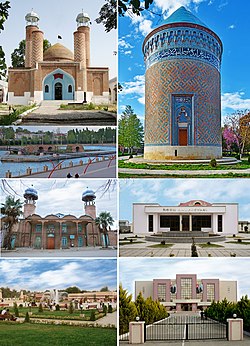 Landmarks of Barda, from top left: Imamzadeh Mausoleum • Barda Mausoleum Ancient bridge • State Art Gallery Barda Juma Mosque • Barda Sports Center Sabir Garden Park