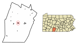 Location of Bedford in Bedford County, Pennsylvania (left) and of Bedford County in Pennsylvania (right)