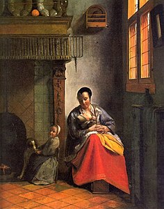 Femme allaitant un nouveau-né, avec un enfant et un chien, 1658-1660.