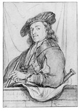 Autoportrait, dessin de Govert Flinck (1643, Klassik Stiftung Weimar (de)). Fortement inspiré de la composition de l'eau-forte de 1639 (B. 21)[124].