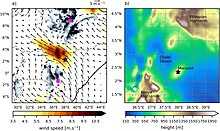 Winds associated with the Turkana Jet and surrounding area (left), along with a map of regional terrain (right)