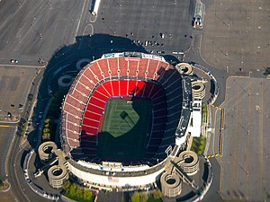 A large, open, American-style sports stadium, viewed from above
