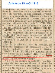 Artcicle de journal mentionnnant la libération du village le 29 août 1918.