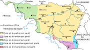 Aire de diffusion du wallon et zones linguistiques de la Wallonie.