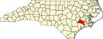 Mapa de Carolina del Norte con la ubicación del condado de Jones