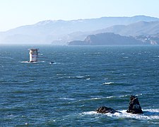 Mile Rocks lighthouse, with Point Bonita and Marin headlands in distance