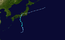 A track map showing the path of a tropical storm over the western Pacific Ocean; it follows an erratic northward motion until it reaches central Japan, shifting to the east-northeast over land and continuing in that direction until it dissipates