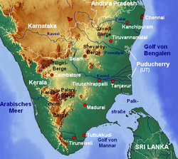 Carte de l'extrémité méridionale de l'Inde avec le golfe de Mannar entre l'Inde et le Sri Lanka.