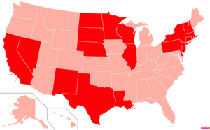 States in the United States by Catholic population according to the Pew Research Center 2014 Religious Landscape Survey.[240] States with Catholic population greater than the United States as a whole are in full red.
