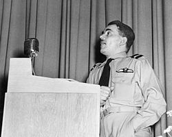 Frank Whittle speaking to employees of the Flight Propulsion Research Laboratory (now known as the NASA Glenn Research Center), USA, in 1946