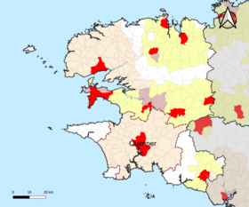 Localisation de l'aire d'attraction de Quimper dans le département du Finistère.