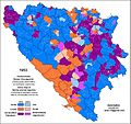 Stanovništvo BiH prema popisu iz 1953. Hrvati - narančasta, Srbi - plava, neopredjeljeni Jugosloveni - ljubičasta