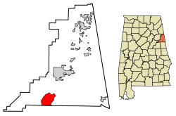 Location of Hollis Crossroads in Cleburne County, Alabama.