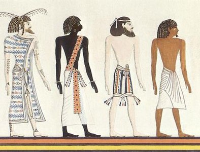 古代エジプトのセティ1世の墓に彫られたさまざまな人々の姿。左からシリア人、ヌビア人、レバント人、エジプト人。