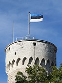 The current flag above the Pikk Hermann tower, Toompea castle, Tallinn.