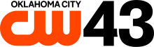 The CW logo, an orange thick logo with the letters C and W connected, in the lower left. Above it, right-aligned, is the words Oklahoma City capitalized in a sans serif. To the right of both, full-height, is a sans-serif numeral 43.