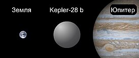 Сравнительные размеры Земли, Kepler-28 b и Юпитера.