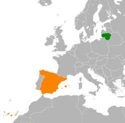 Map indicating locations of Lithuania and Spain