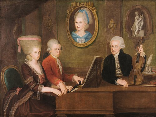 Painting of the Mozart family, depicting from left to right: Wolfgang, Marianne, Anna Maria, and Leopold.