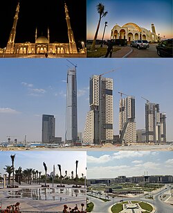 From top, left to right: Al-Fattah al-Aleem Mosque, Cathedral of the Nativity of Christ, view of the central business district, Green River Park, view of the government district