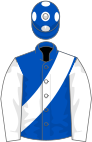 Royal blue, white sash, sleeves and spots on cap
