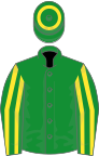Green, yellow striped sleeves and hoop on cap