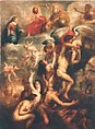 Purgatory, by Peter Paul Rubens. Top: Trinity, with Mary; Middle: Angels; Lower: purified souls being pulled up towards heaven; Bottom: souls in non-fiery purgation