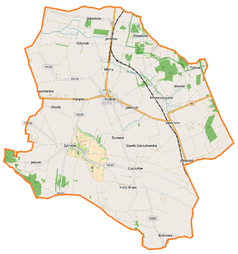 Mapa konturowa gminy Rudniki, blisko centrum u góry znajduje się punkt z opisem „Parafia św. Mikołaja w Rudnikach”