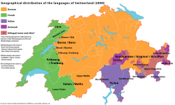 Language distribution in Switzerland by the year 2000. Romandy is shown in green