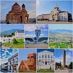 از بالا چپ: کلیسای جامع مریم مقدس (استپاناکرت) Renaissance Square • Downtown Stepanakert فرودگاه استپاناکرت • Stepanakert skyline Park Hotel Artsakh • ما کوه‌های خود هستیم Artsakh University