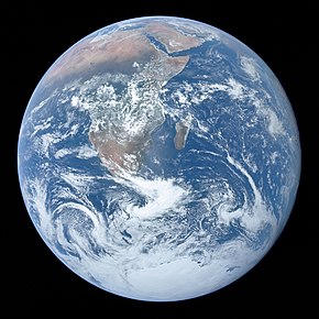 Photograph of Earth taken by the Apollo 17 mission. The Arabian peninsula, Africa and Madagascar lie in the upper half of the disc, whereas Antarctica is at the bottom.