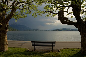 Un banc face au lac de Zoug dans le canton de Zoug (Suisse). On aperçoit la Rigi culminant à l’arrière-plan. (définition réelle 2 948 × 1 965)