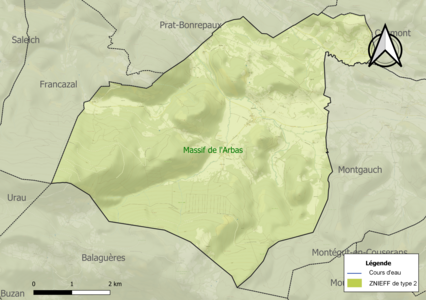 Carte de la ZNIEFF de type 2 sur la commune.