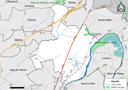 Carte des ZNIEFF de type 1 de la commune.